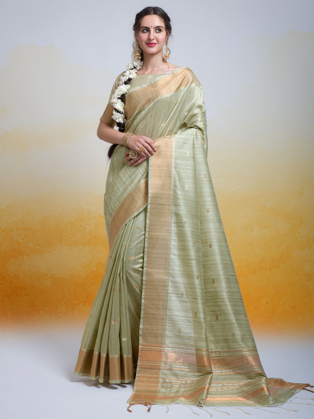 

Kandora Ethnic Motifs Woven Design Zari Detailed Pure Silk Tussar Saree, Green