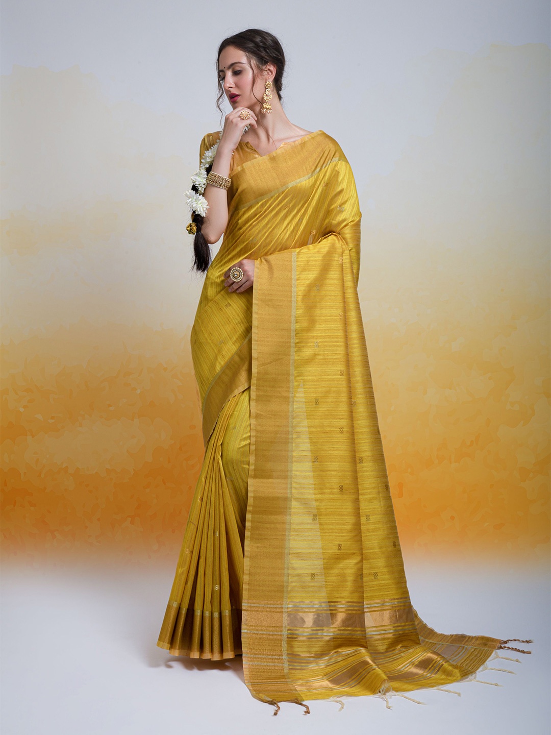 

Kandora Ethnic Motifs Woven Design Pure Silk Tussar Saree, Yellow