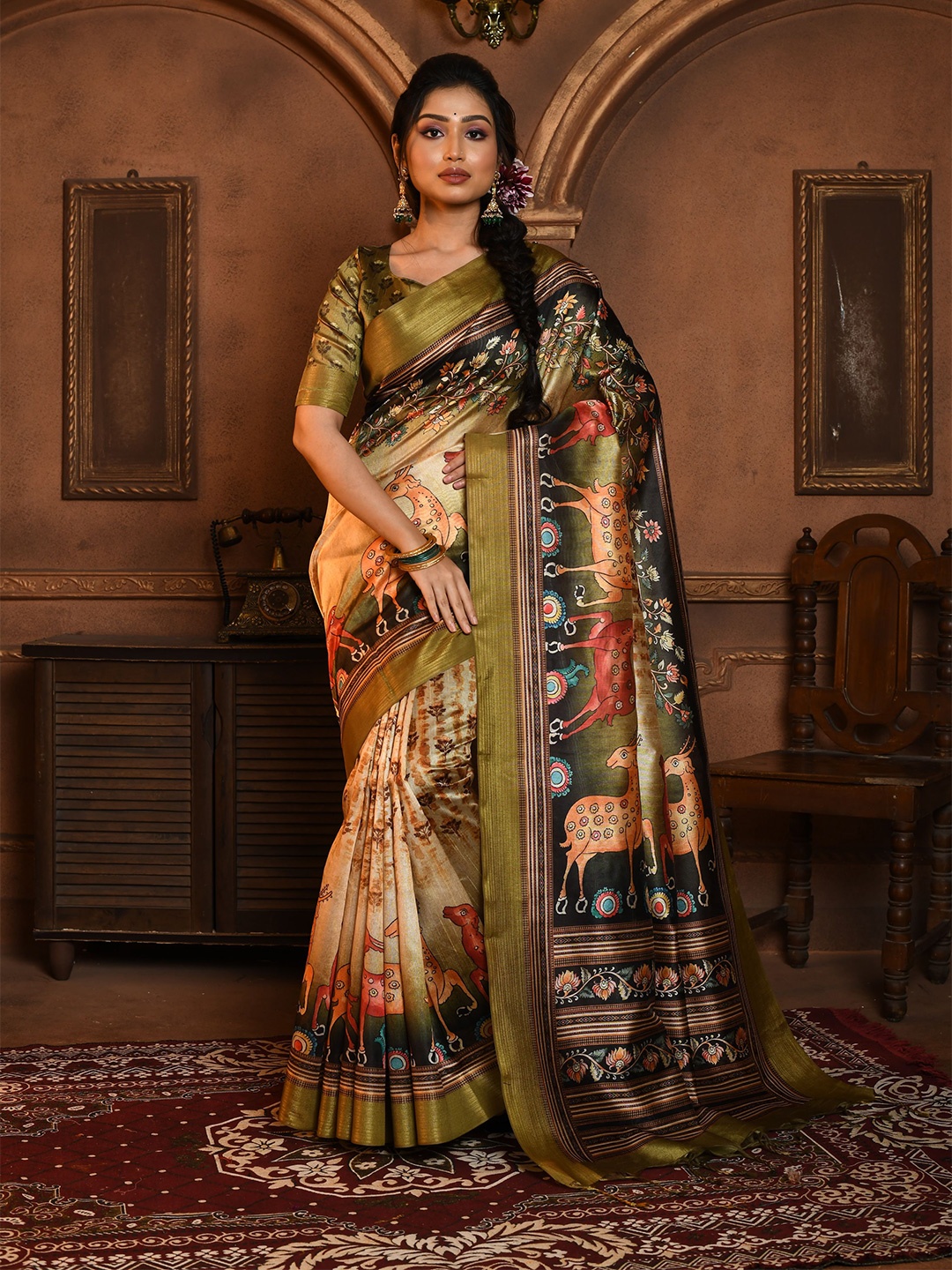 

Kandora Ethnic Motifs Printed Zari Tussar Pure Silk Saree, Green