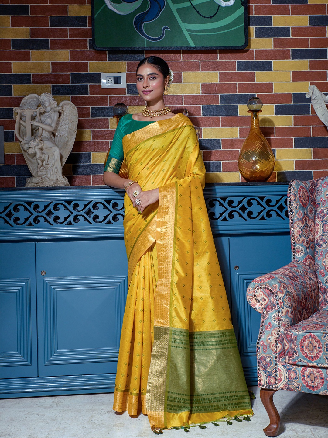 

Kandora Ethnic Motifs Woven Design Zari Pure Silk Tussar Saree, Yellow