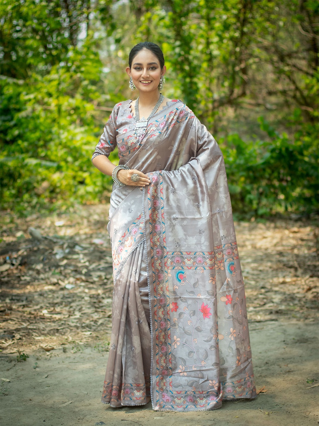 

Kandora Kalamkari Printed Pure Silk Tussar Saree, Grey