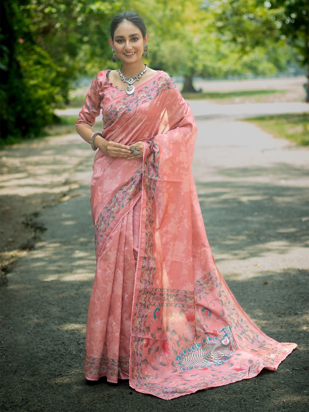 

Kandora Kalamkari Pure Silk Tussar Saree, Peach
