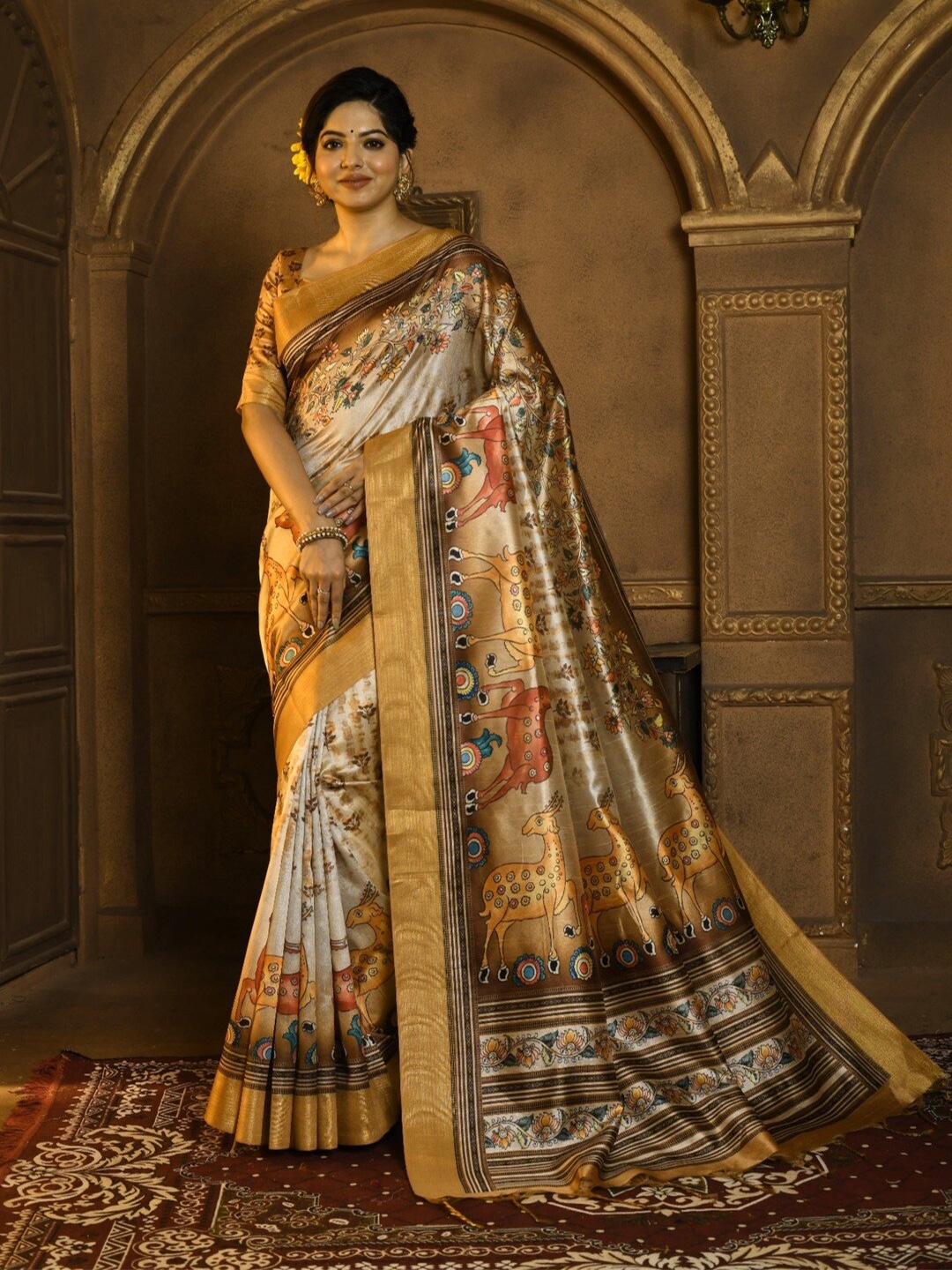 

Kandora Ethnic Motifs Zari Pure Silk Tussar Saree, Yellow