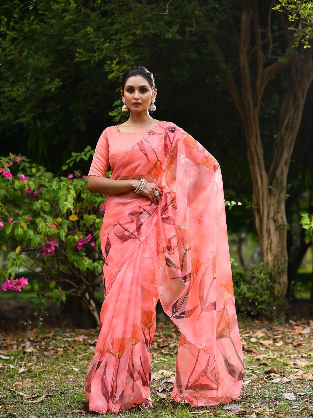 

Kandora Floral Printed Pure Silk Saree, Orange