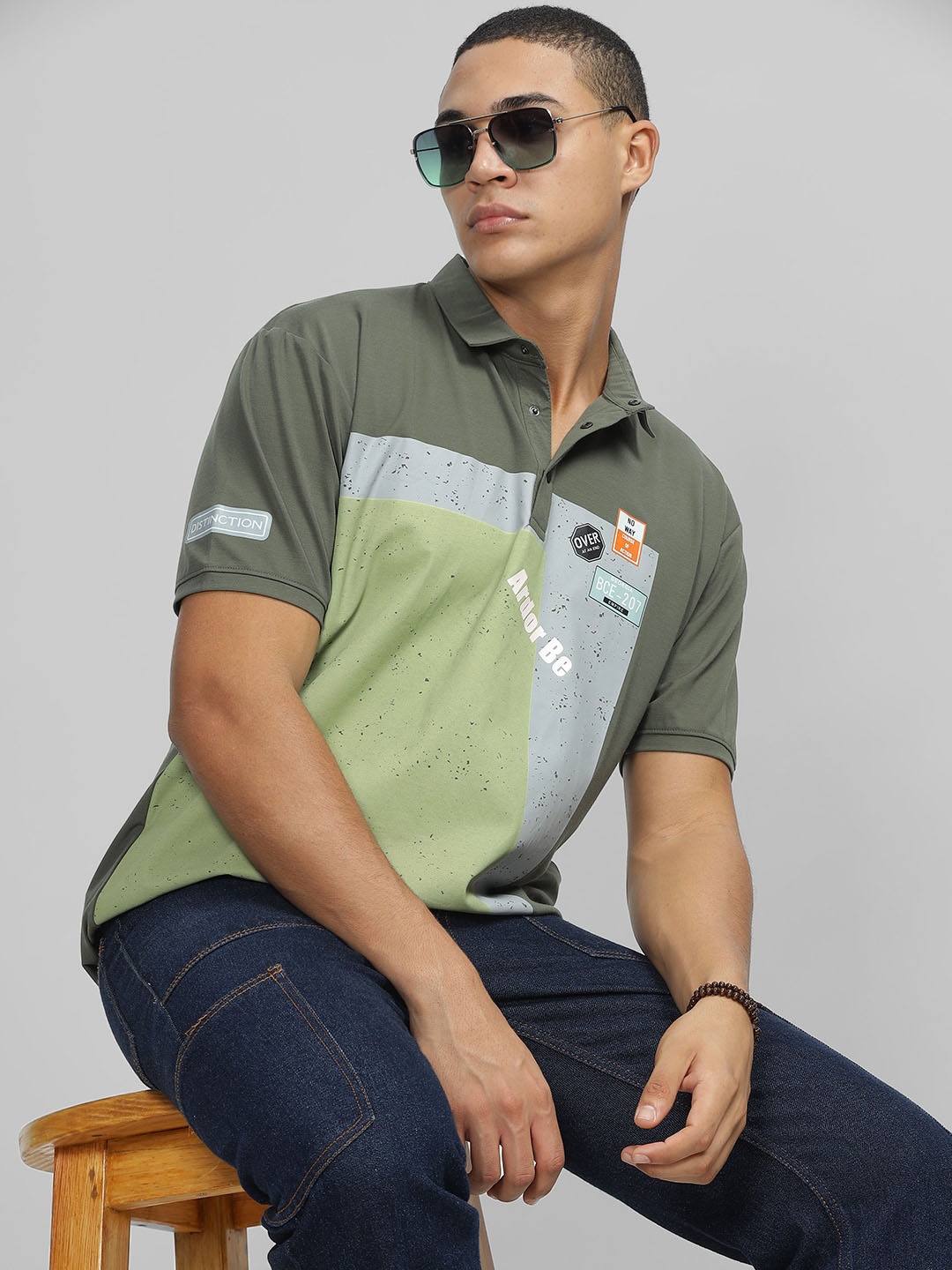 

Parcel Yard Colourblocked Polo Collar Cotton T-shirt, Olive