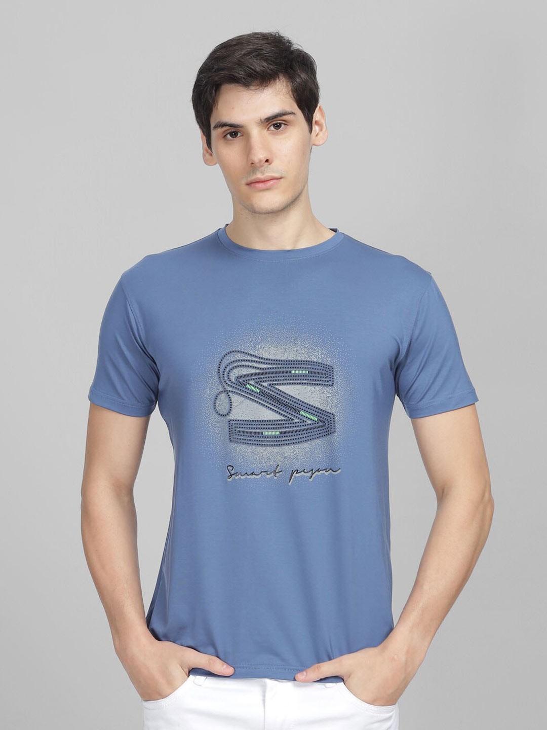 

Parcel Yard Abstract Printed Round Neck Cotton Casual T-shirt, Blue