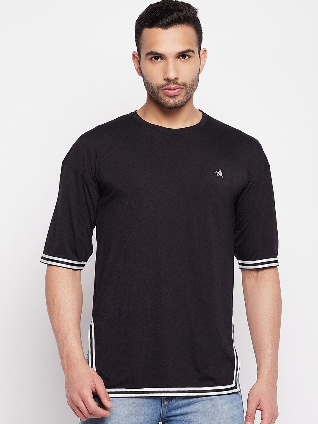 

Parcel Yard Drop-Shoulder Sleeves Casual Cotton T-Shirt, Black