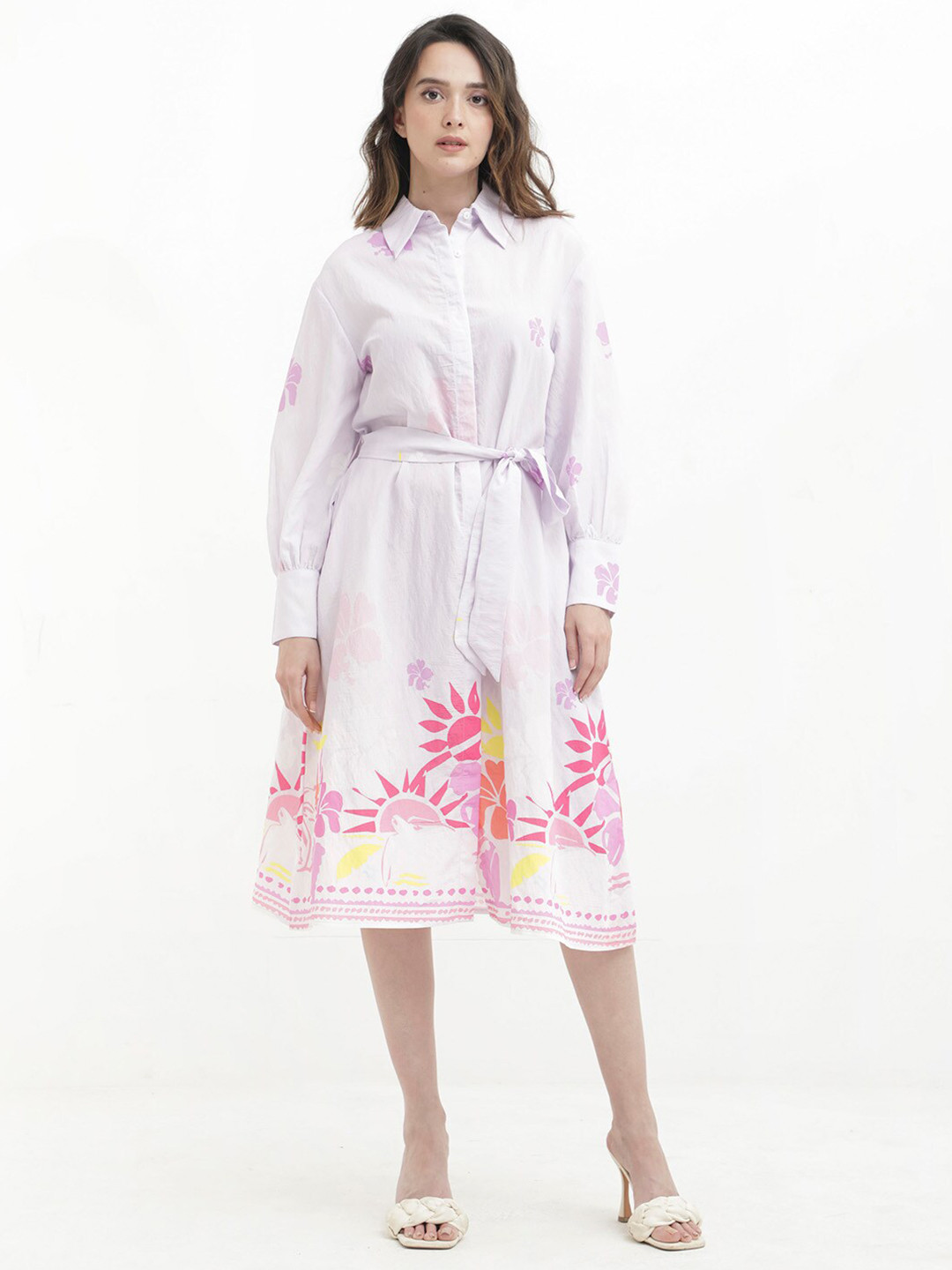 

RAREISM Shirt Collar Floral Print Linen Shirt Dress, Off white