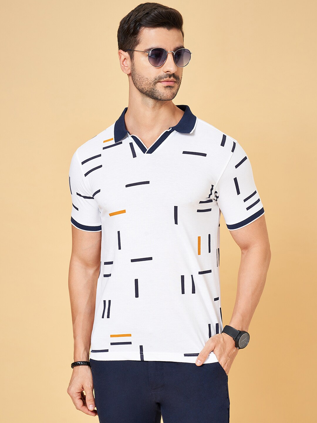 

BYFORD by Pantaloons Geometric Printed Polo Collar Slim Fit T-shirt, White