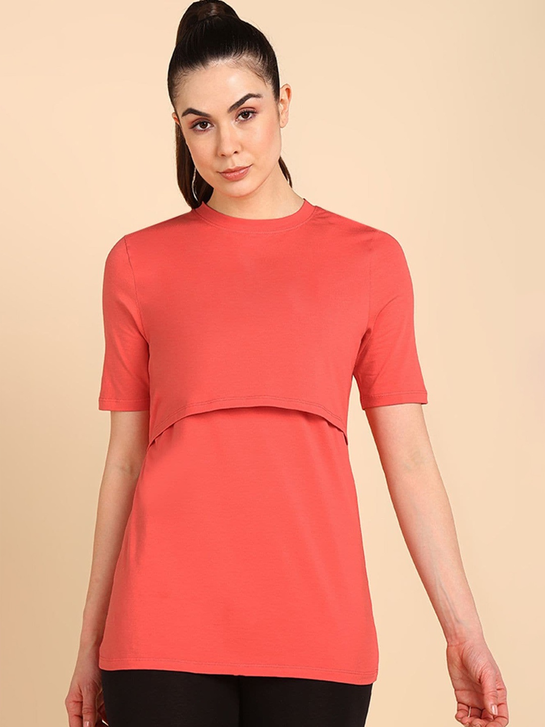 

House Of Zelena Round Neck Cotton Maternity Top, Coral