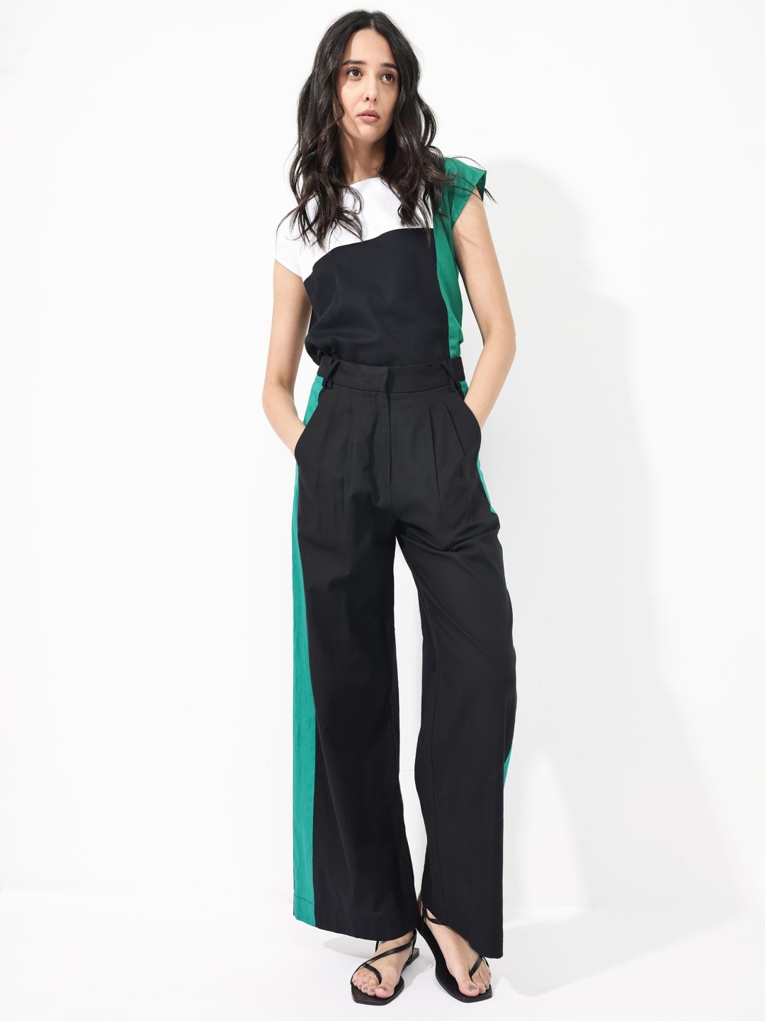 

RAREISM Women High-Rise Cotton Pleated Parallel Trousers, Black