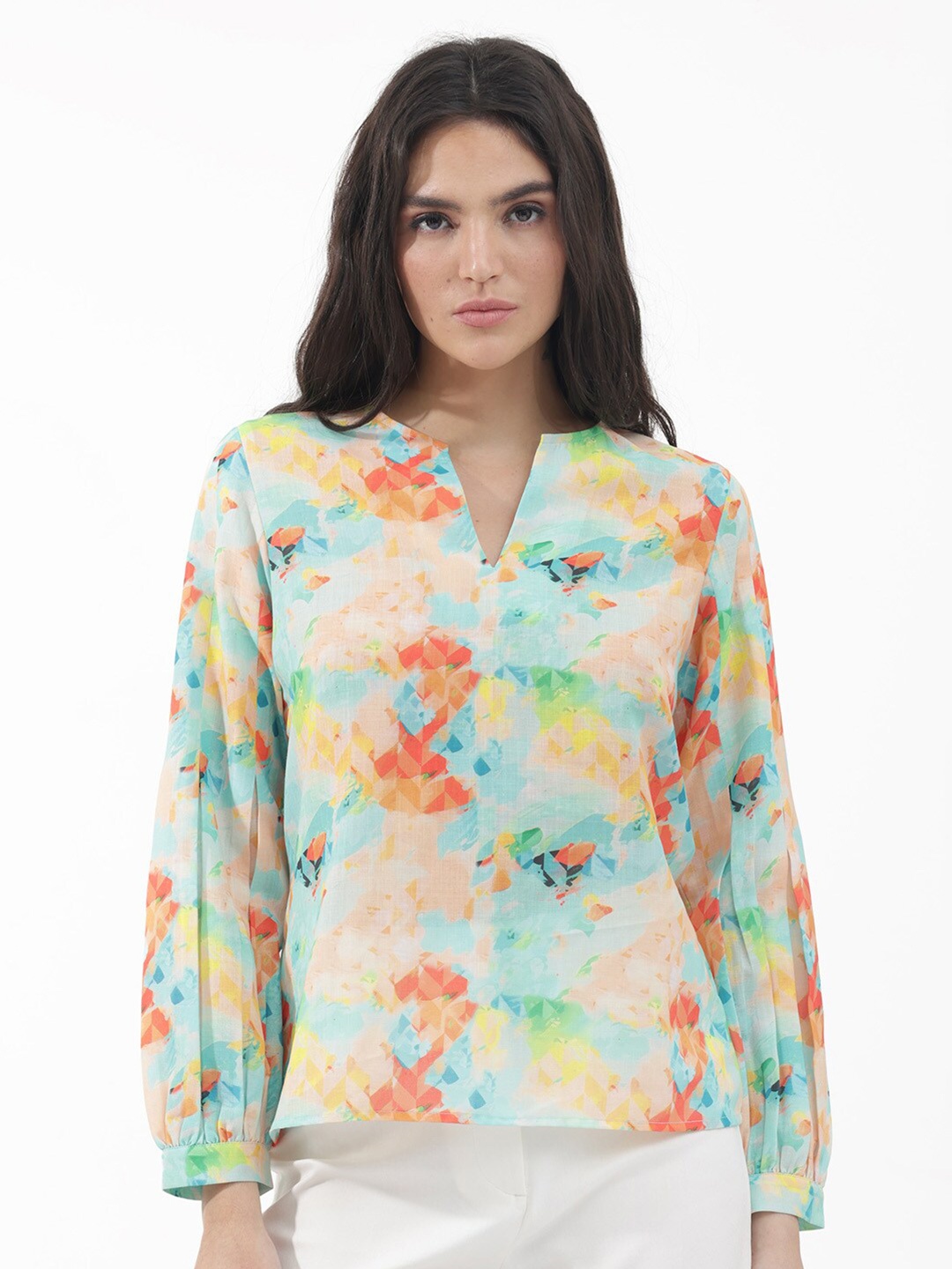 

RAREISM Abstract Printed V-Neck Cuffed Sleeves Linen Shirt Style Top, Blue