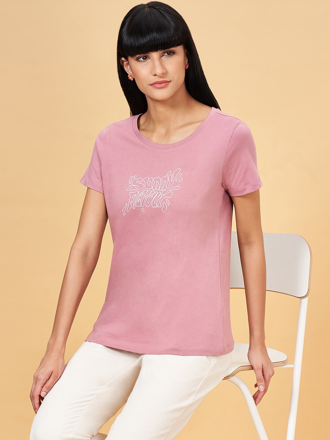 

Honey by Pantaloons Typography Printed Pure Cotton T-shirt, Mauve