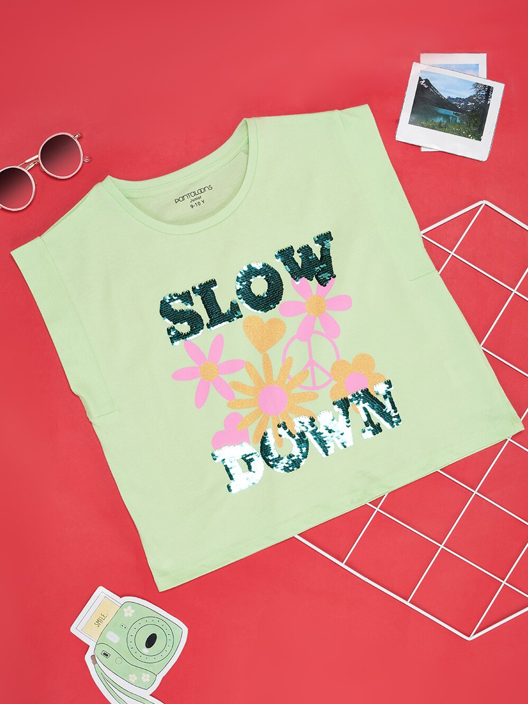 

Pantaloons Junior Girls Typography Printed Embellished Cotton T-shirt, Green
