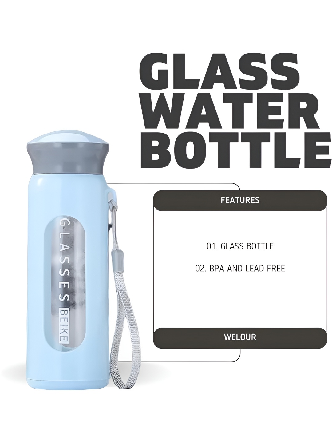 

WELOUR Blue 2 Pieces Typography Printed Glass Water Bottle 380 ml