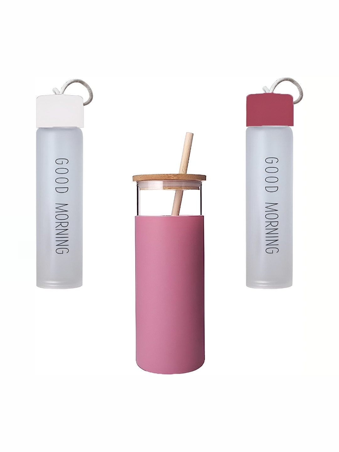 

WELOUR White & Pink 3 Pieces Glass Water Bottles & Mug