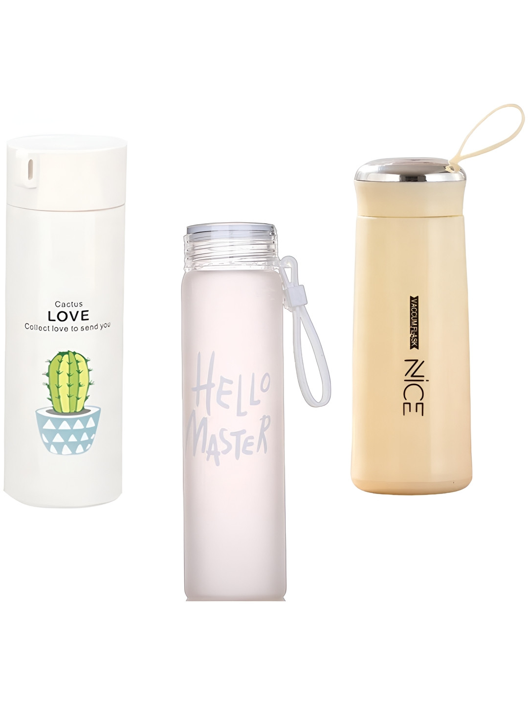 

WELOUR White & Pink 3 Pcs Typography Printed Glass Water Bottles 500 ml
