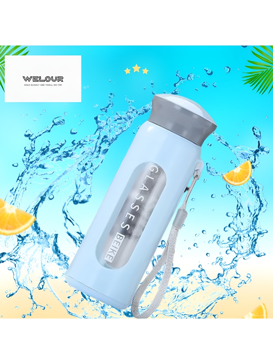 

WELOUR Blue & White Typography Printed Glass Water Bottle 380 ml