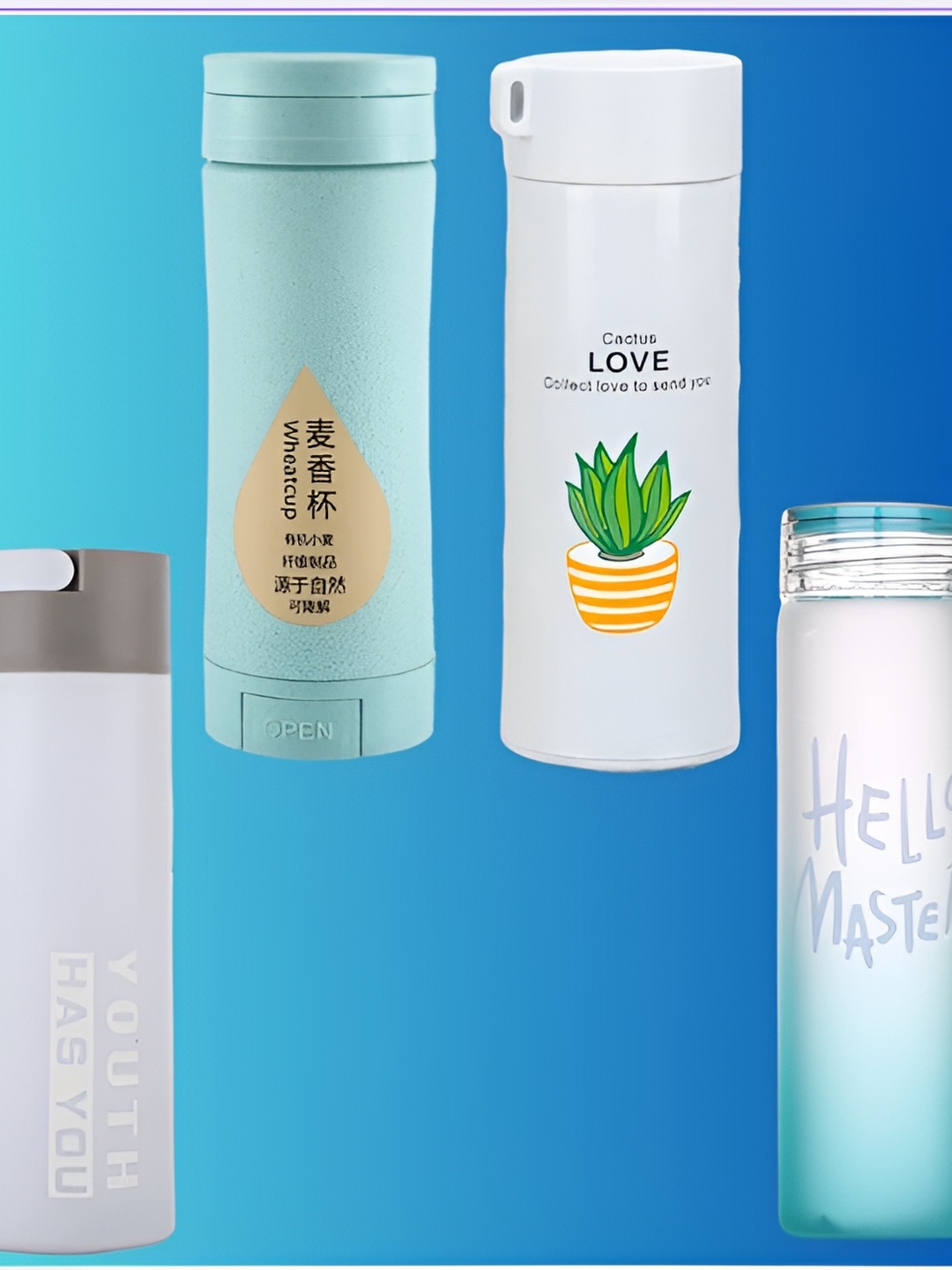 

WELOUR Blue & White 4 Pieces Typography Printed Glass Water Bottle 500 ml