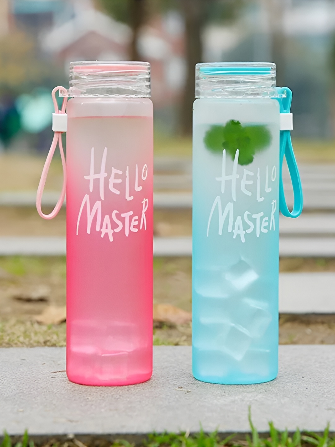 

WELOUR Blue & Pink 2 Pcs Typography Printed Glass Water Bottles 500 ml