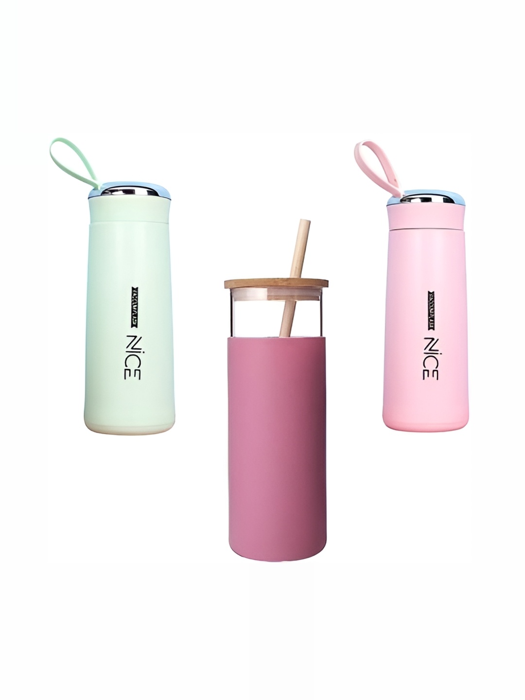 

WELOUR White & Pink 3 Pieces Glass Water Bottle with Mug