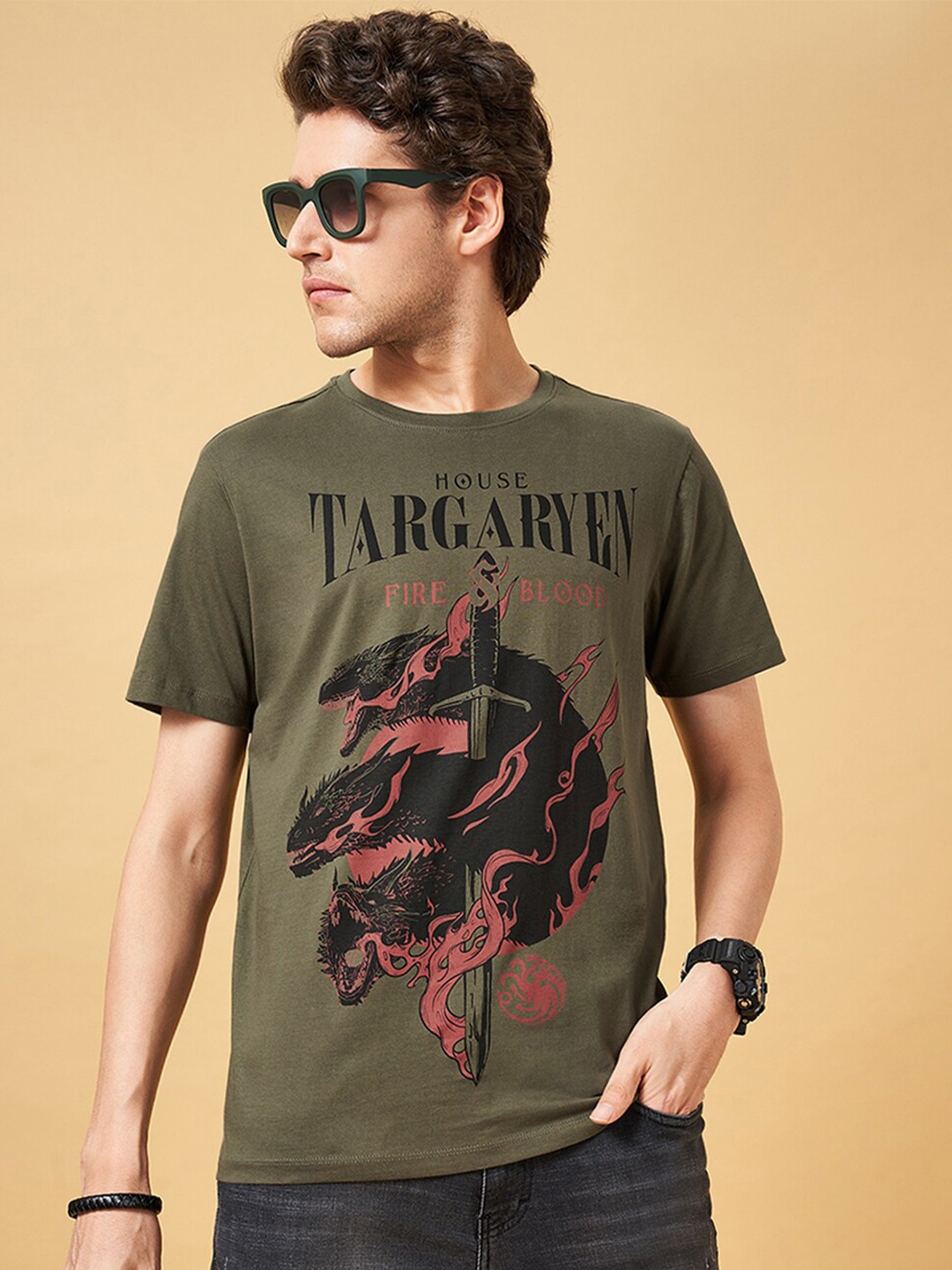 

SF JEANS by Pantaloons Round Neck Printed Cotton Slim Fit T-shirt, Green