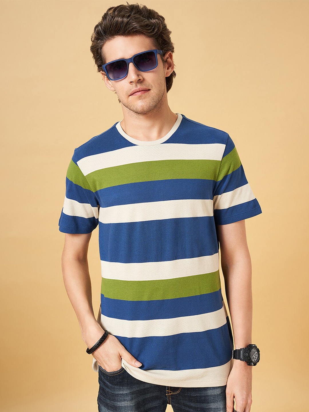 

SF JEANS by Pantaloons Striped Slim Fit Pure Cotton T-shirt, Blue