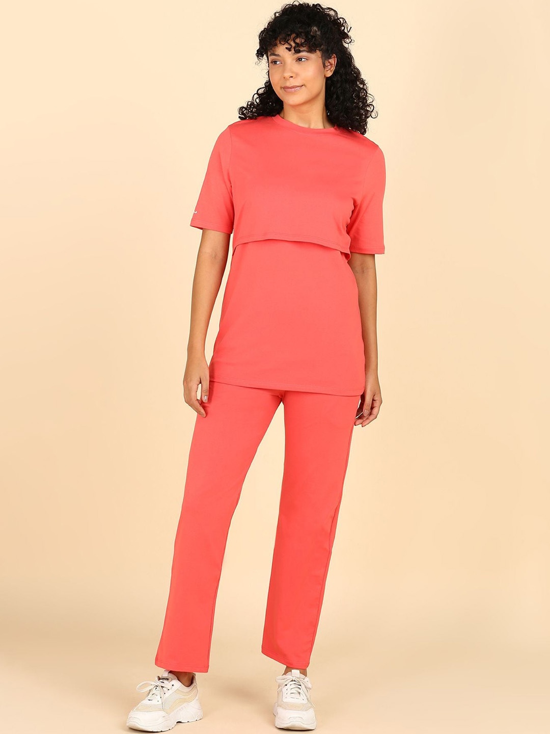 

House Of Zelena Round Neck Short Sleeved Top & Trousers, Coral