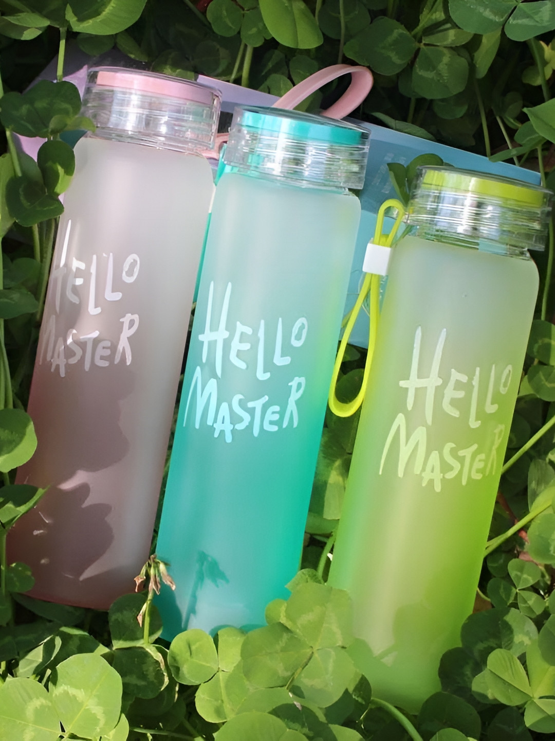 

WELOUR Pink & Green Typography Printed 3 Pieces Glass Water Bottles 500ml Each