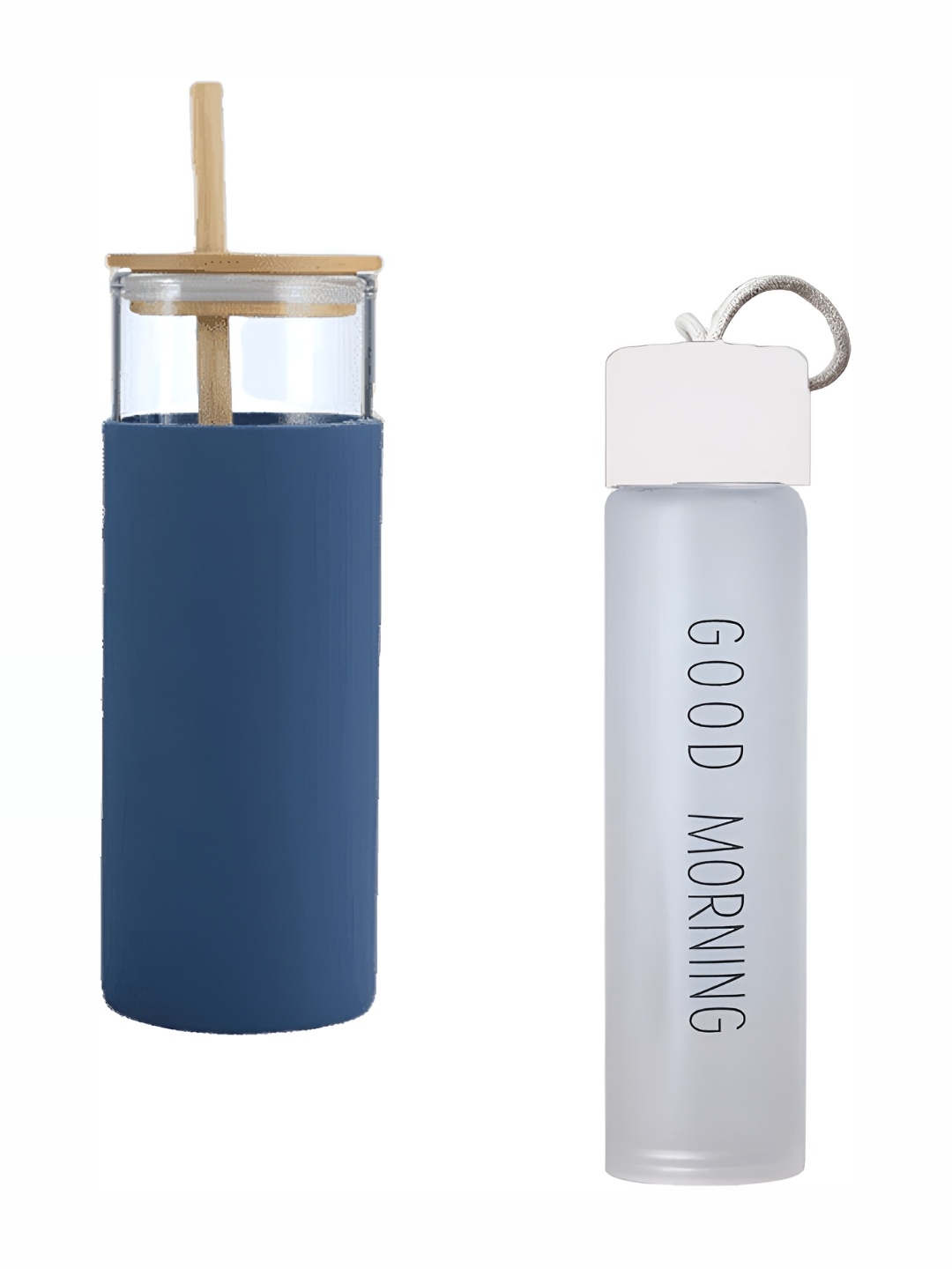 

WELOUR Blue & White Set of 2 Glass Printed Water Bottle