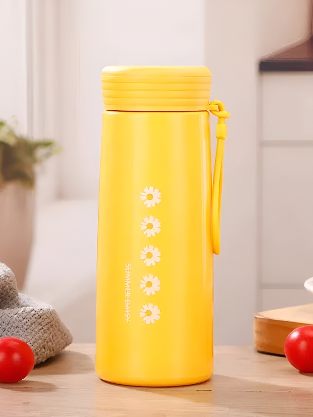 

WELOUR Beige & Yellow Floral Printed Glass Water Bottle 400 ml