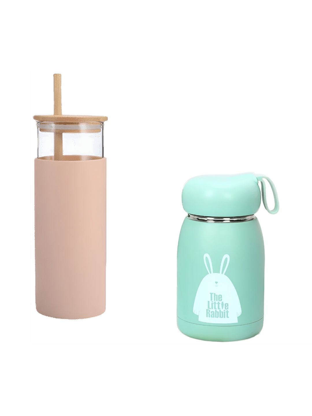 

WELOUR Green & Peach 2Pcs Printed Glass Water Bottles 500ml Each