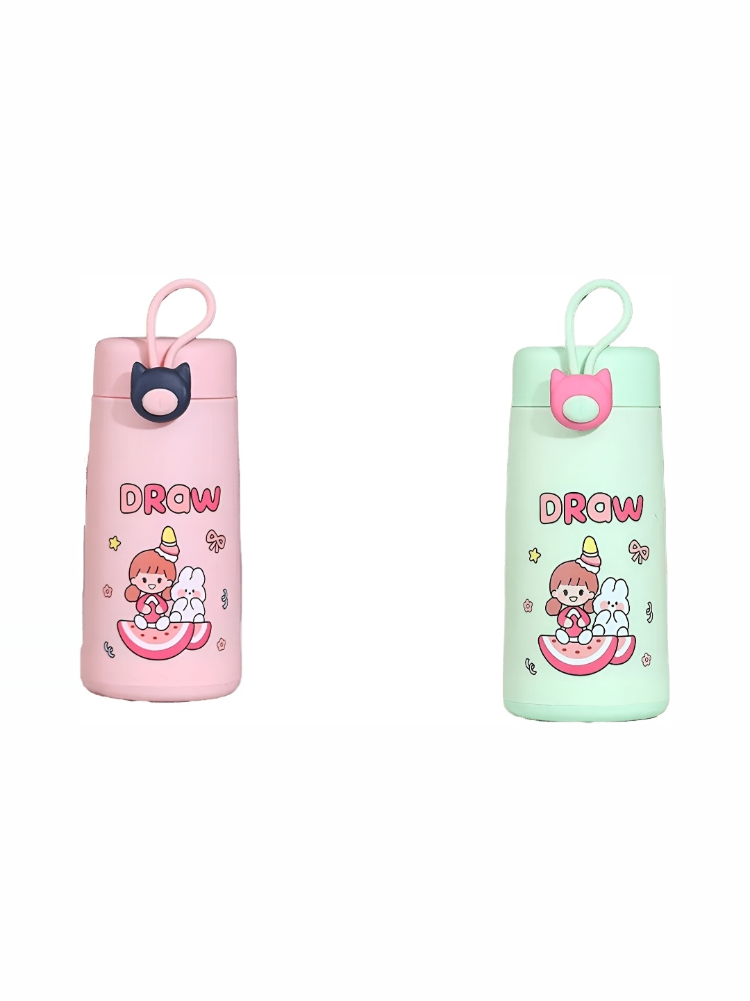 

WELOUR Pink & Green 2 Pieces Cartoon Characters Printed Glass Water Bottles 300 ml