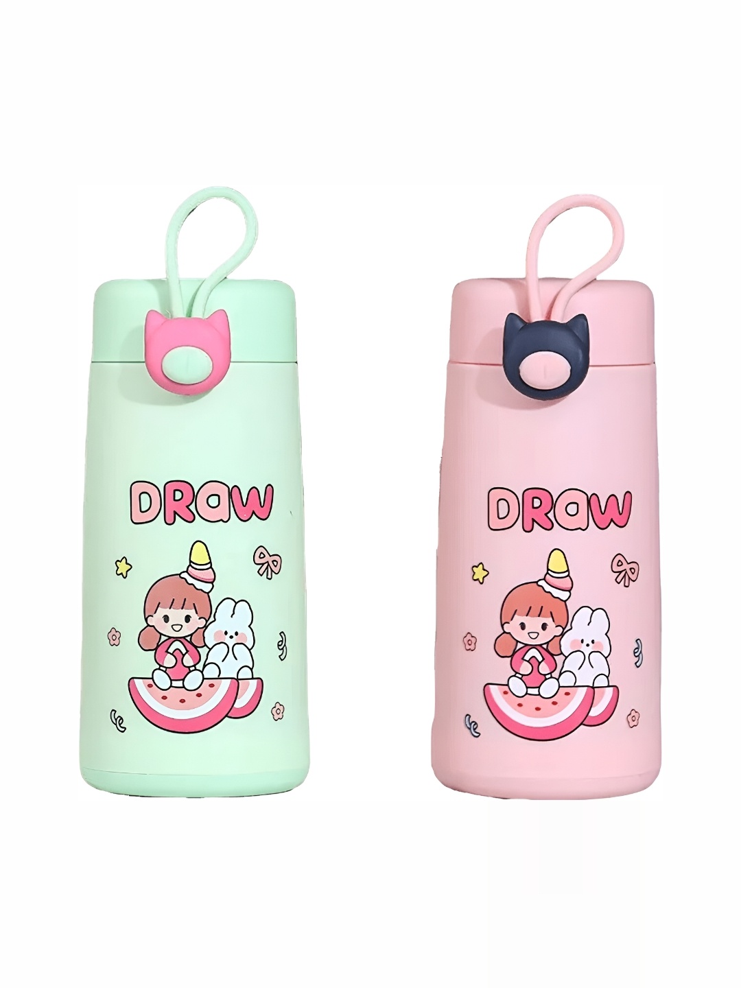 

WELOUR Pink & Green 2 Pieces Graphic Printed Glass Water Bottles 300 ml Each