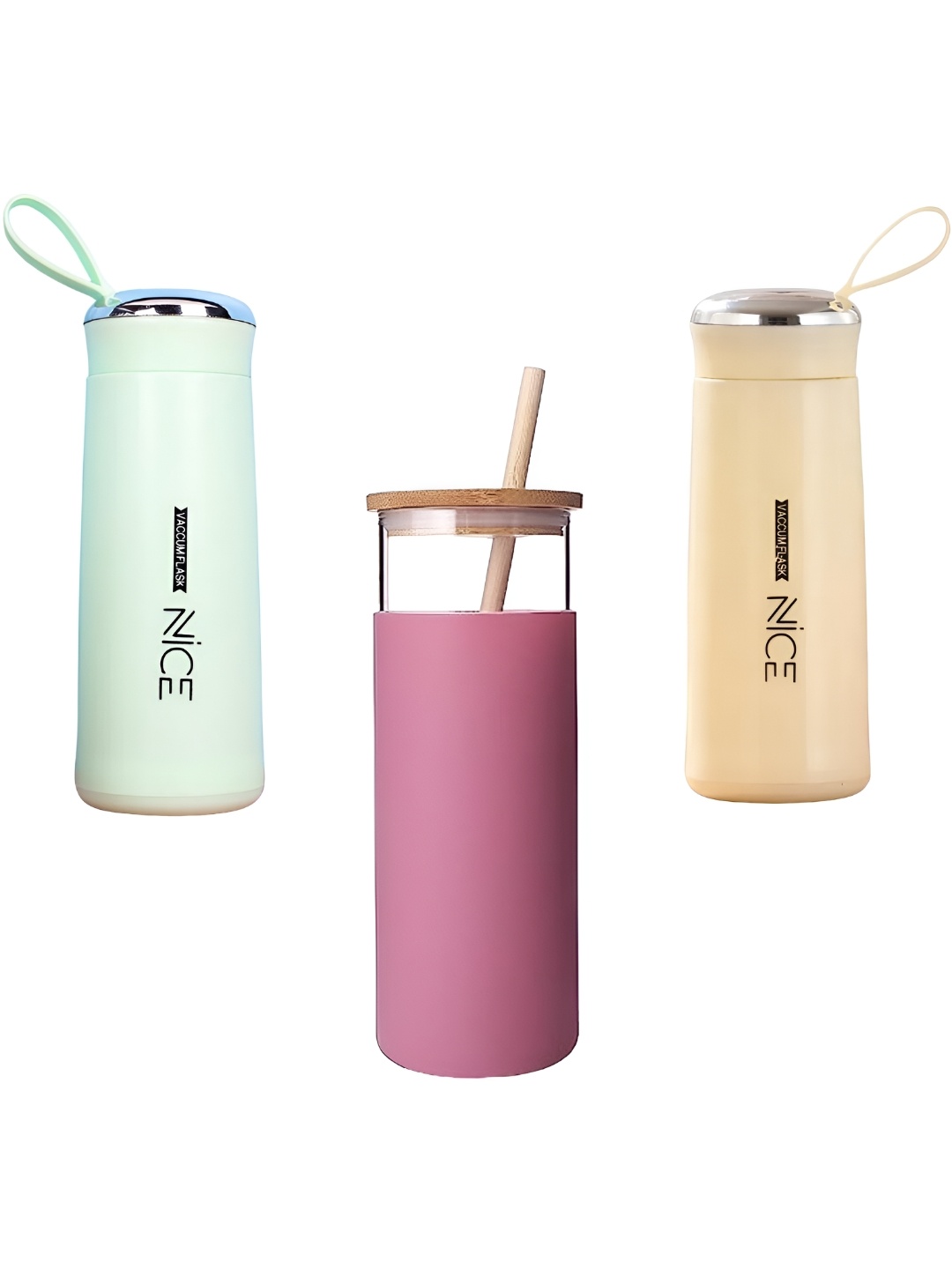

WELOUR Pink & White 3 Pieces Brand Logo Printed Glass Water Bottles 450 ml