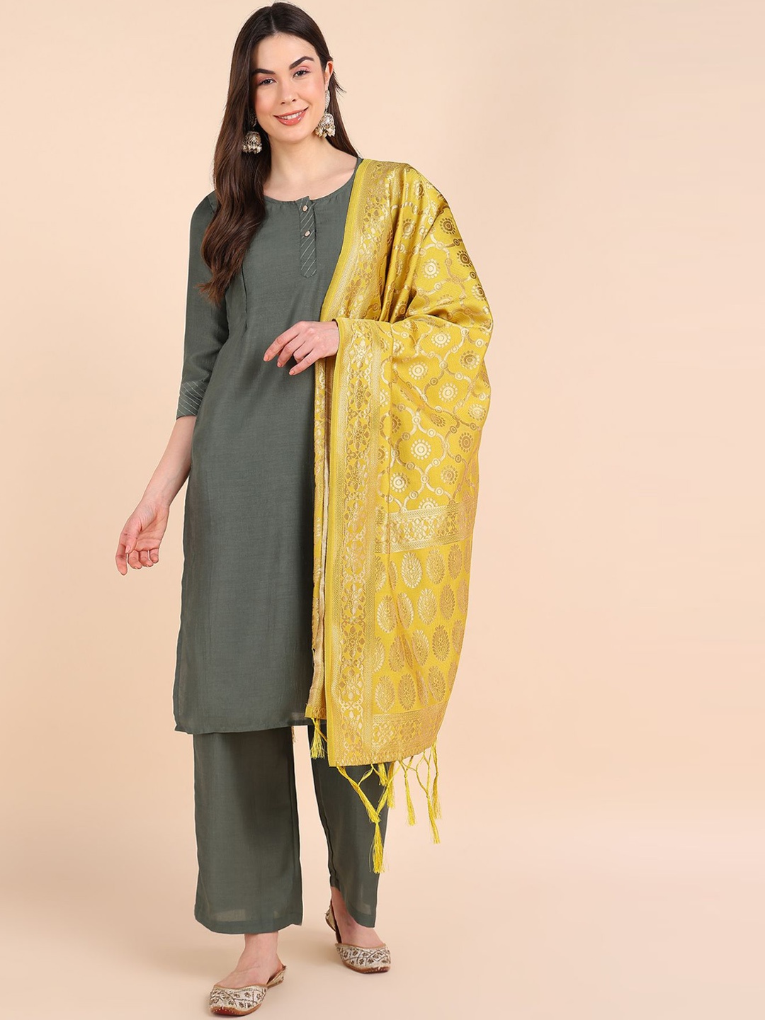 

House Of Zelena Round Neck Maternity Straight Kurta & Palazzos With Dupatta, Green