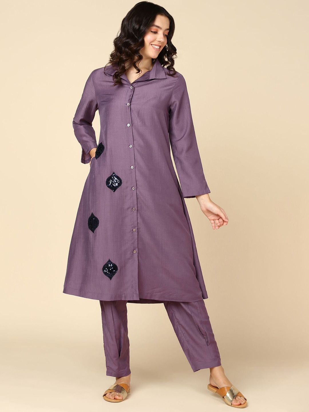 

House Of Zelena Sequined Maternity A-Line Kurta with Palazzos, Purple