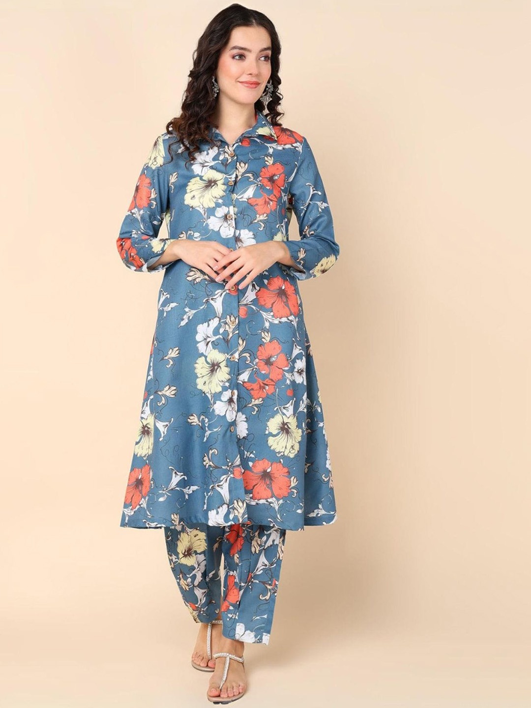 

House Of Zelena Floral Printed Maternity A-Line Kurta with Palazzos, Blue