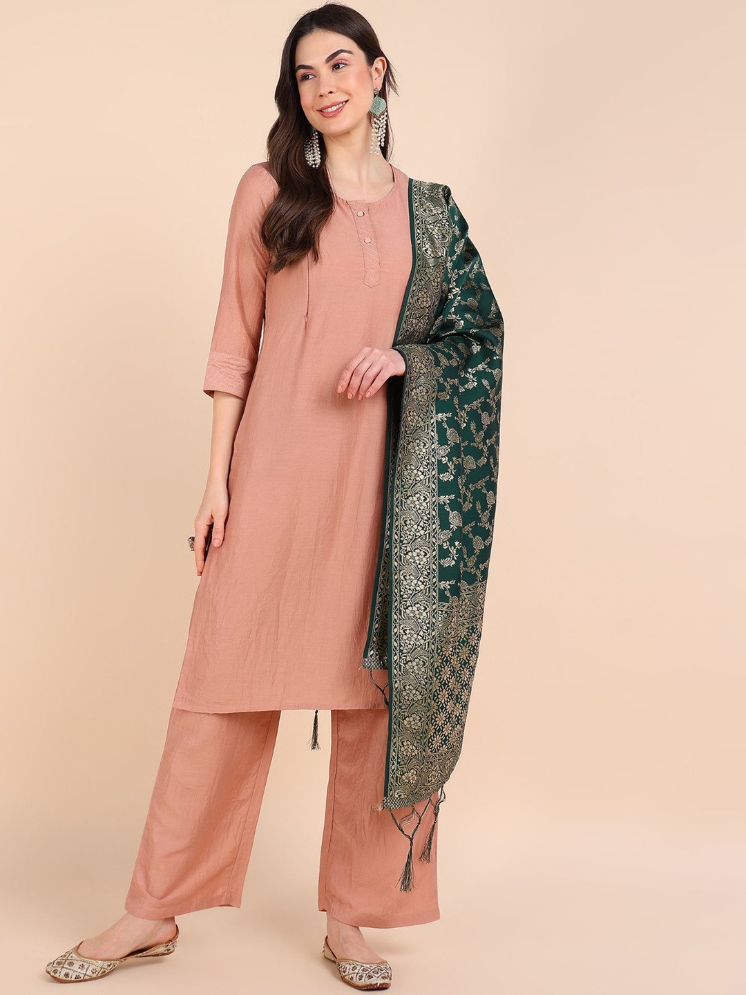 

House Of Zelena Round Neck Maternity Straight Kurta & Palazzos With Dupatta, Pink
