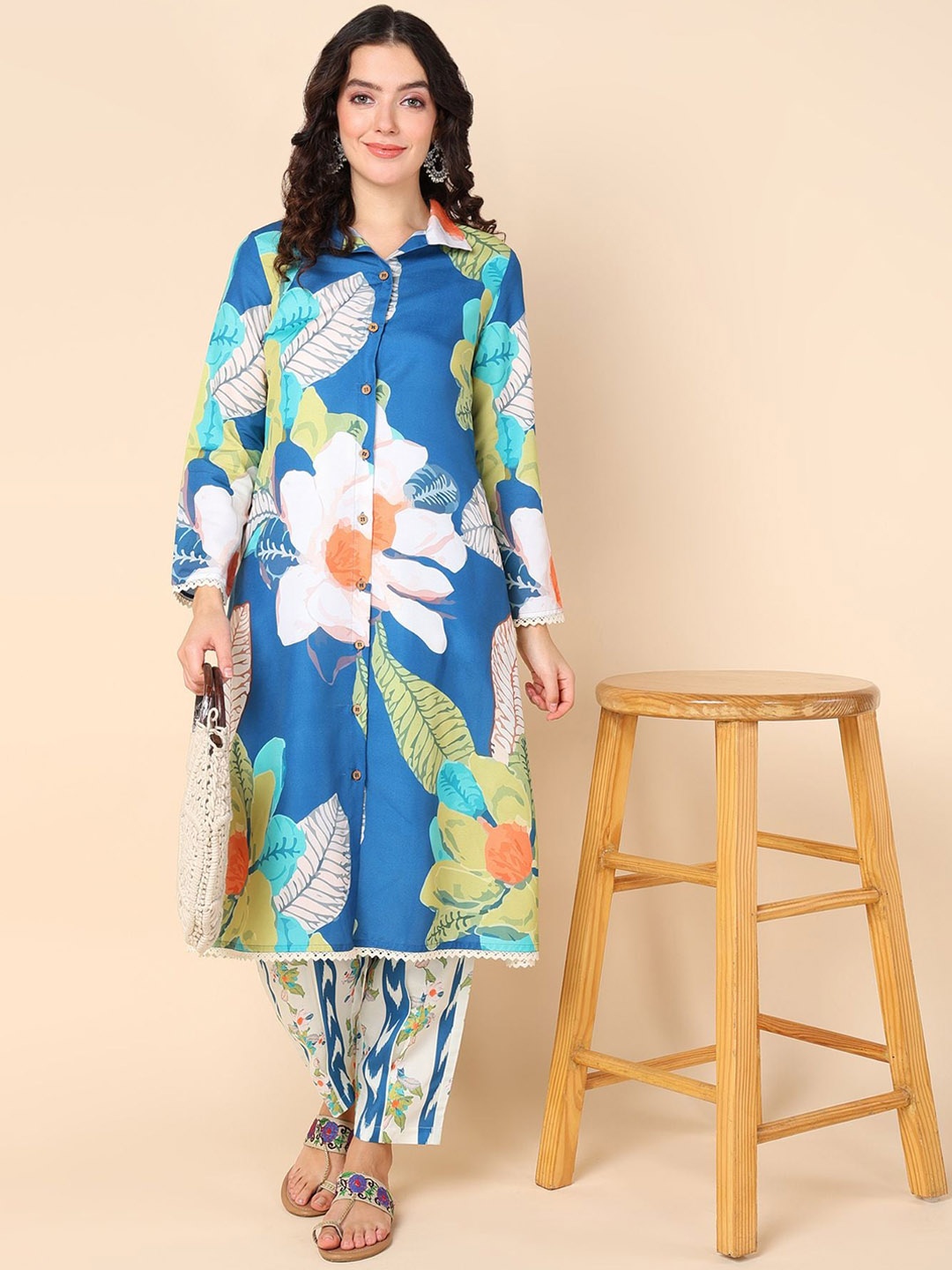

House Of Zelena Floral Printed Maternity A-Line Kurta with Palazzos, Blue