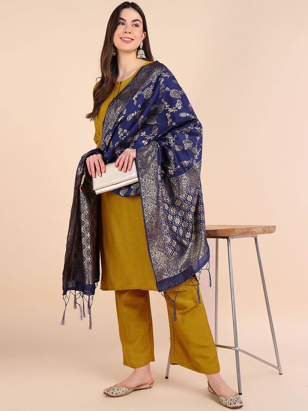 

House Of Zelena Round Neck Maternity Straight Kurta & Palazzos With Dupatta, Yellow