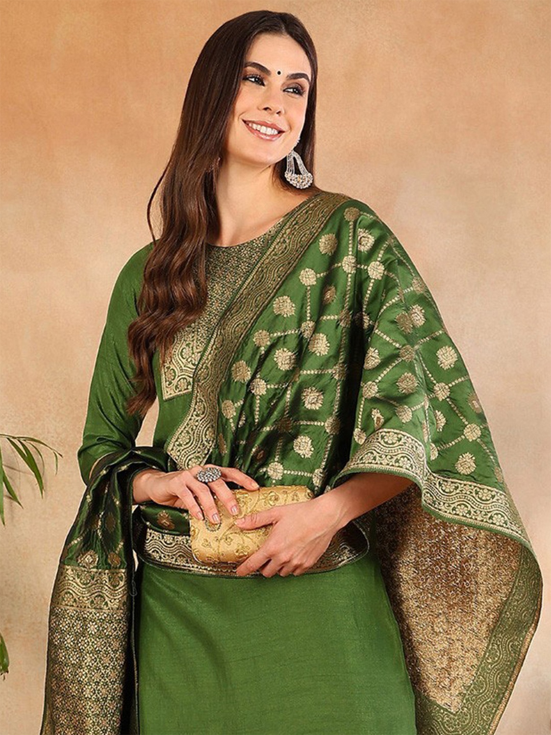 

AHIKA Green Ethnic Motifs Yoke Design Regular Zari Kurta With Trousers & Dupatta