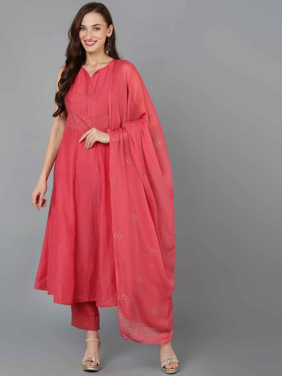 

AHIKA Peach-Coloured Notched Neck A-Line Kurta With Trousers & With Dupatta