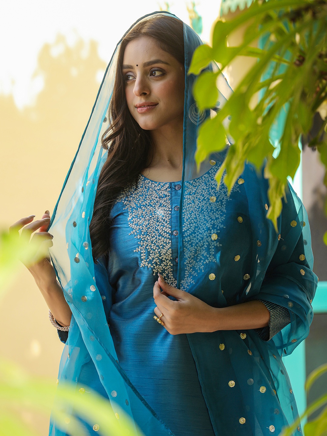 AHIKA Blue Floral Yoke Design Regular Thread Work Kurta With Trousers & Dupatta