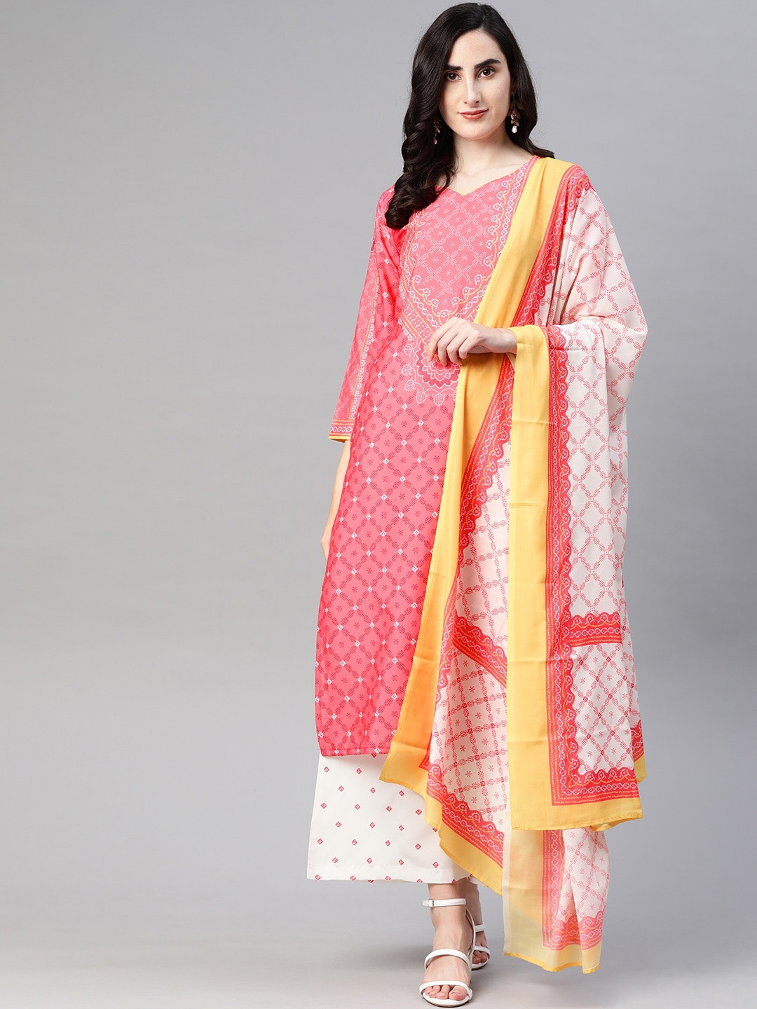 

AHIKA Pink Bandhani Printed V-Neck Regular Kurta With Palazzos & Dupatta