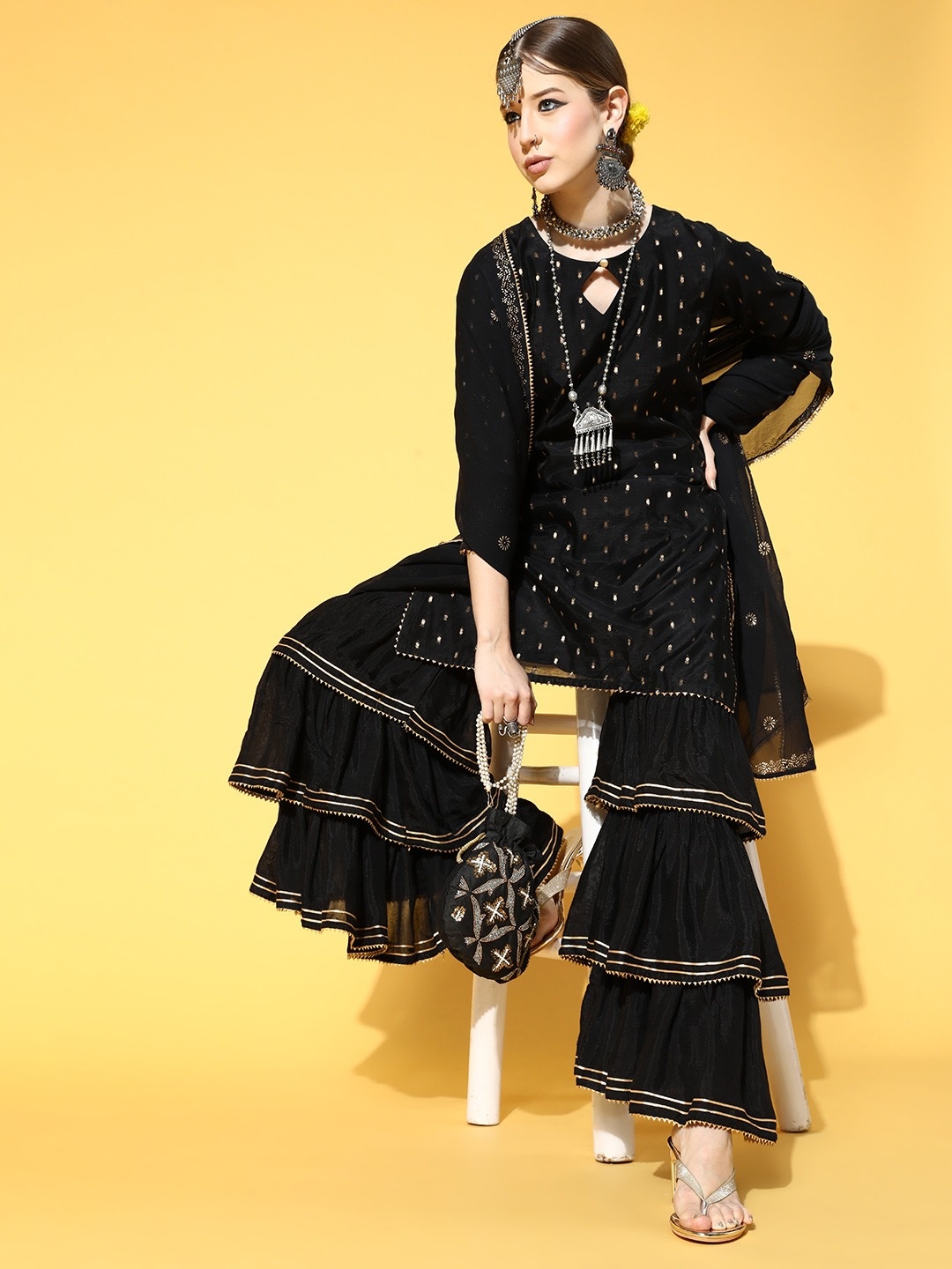 

AHIKA Ethnic Motifs Woven Design Keyhole Neck Kurta With Sharara & Dupatta, Black