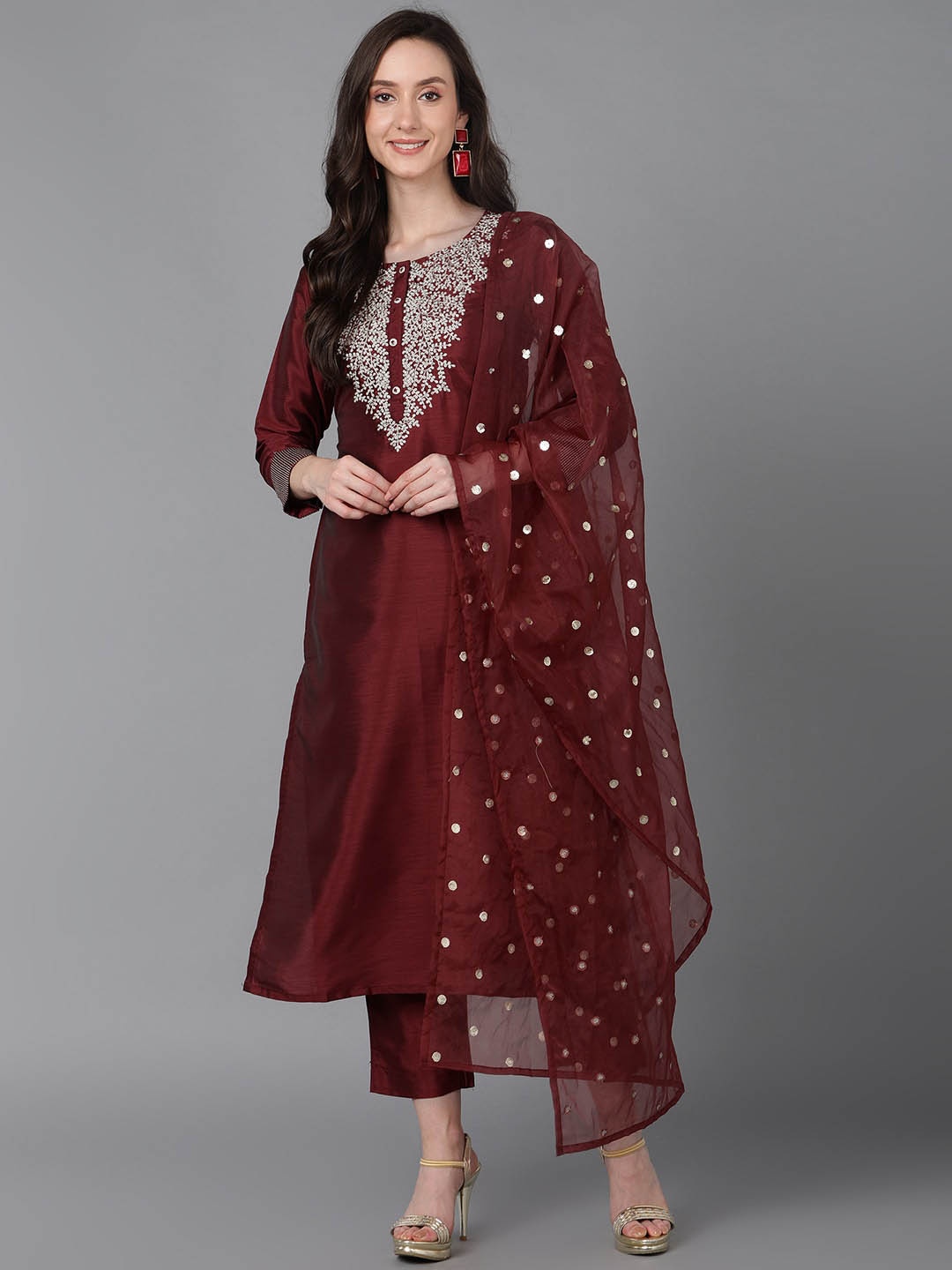 

AHIKA Maroon Ethnic Motifs Yoke Design Thread Work Straight Kurta & Trouser With Dupatta