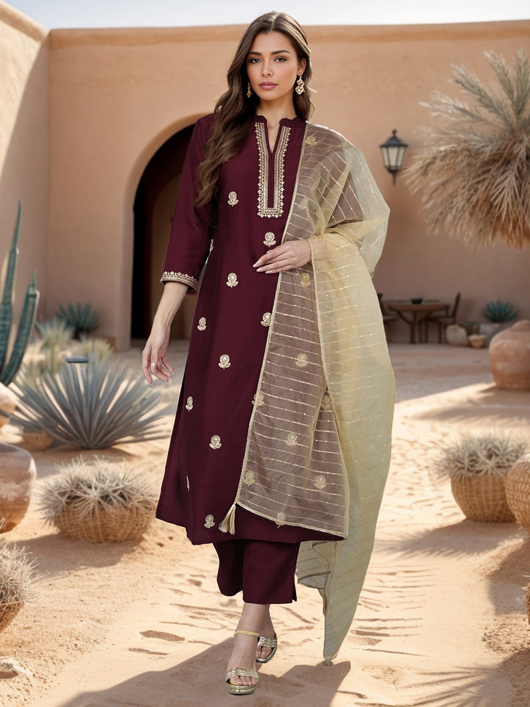 

AHIKA Magenta Ethnic Motifs Emboidered Sequinned Straight Kurta & Trouser With Dupatta, Burgundy