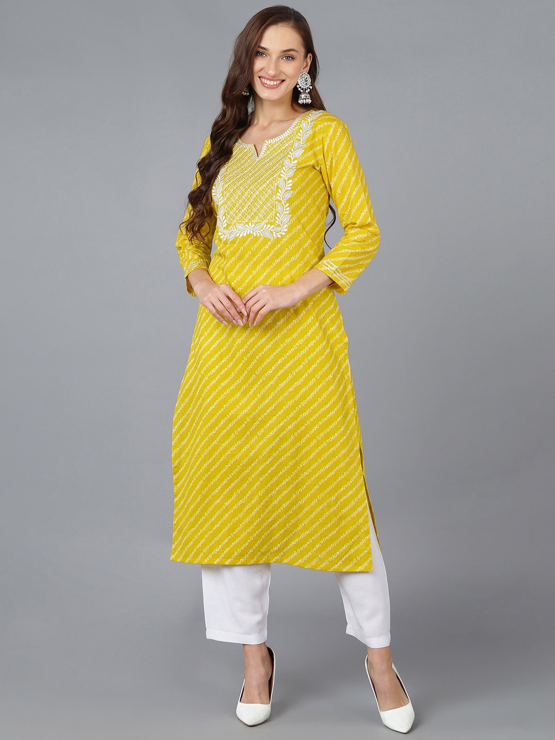 

AHIKA Notch Neck Leheriya Striped Cotton Straight Kurta, Yellow