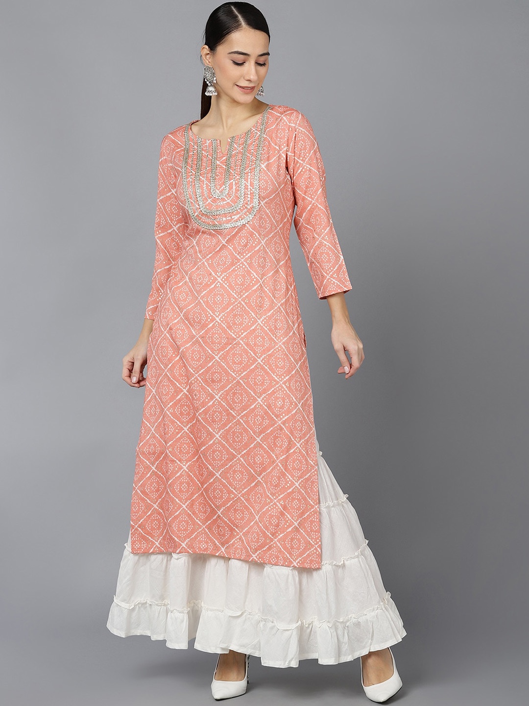 

AHIKA Notch Neck Ethnic Motifs Printed Yoke Design Straight Kurta, Peach